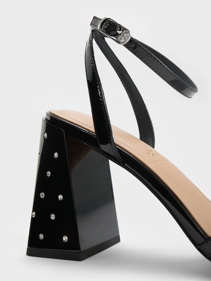 Emmaline Patent Leather Crystal Crossover Sandals - Black Patent | CHARLES & KEITH