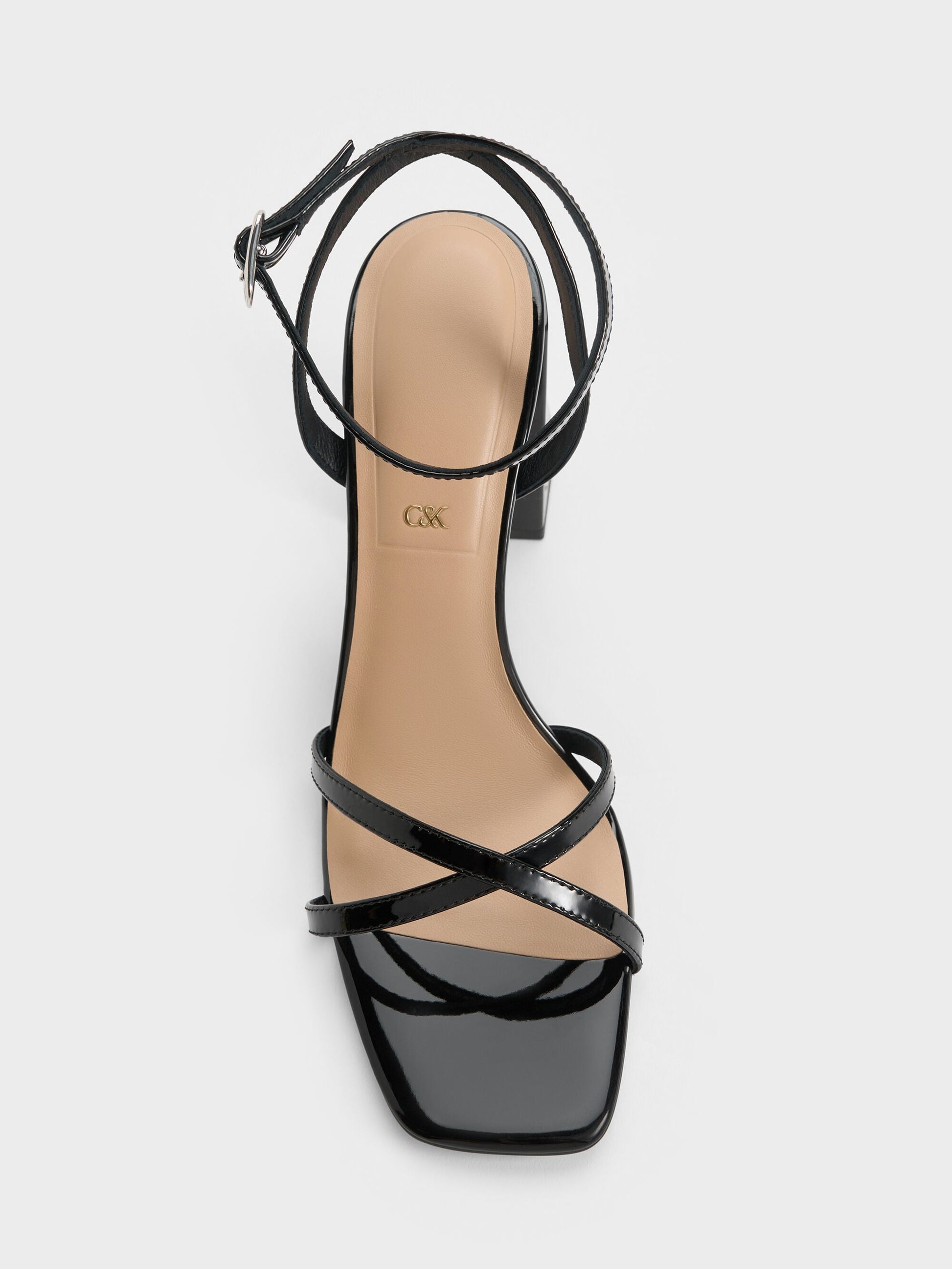 Emmaline Patent Leather Crystal Crossover Sandals - Black Patent | CHARLES & KEITH