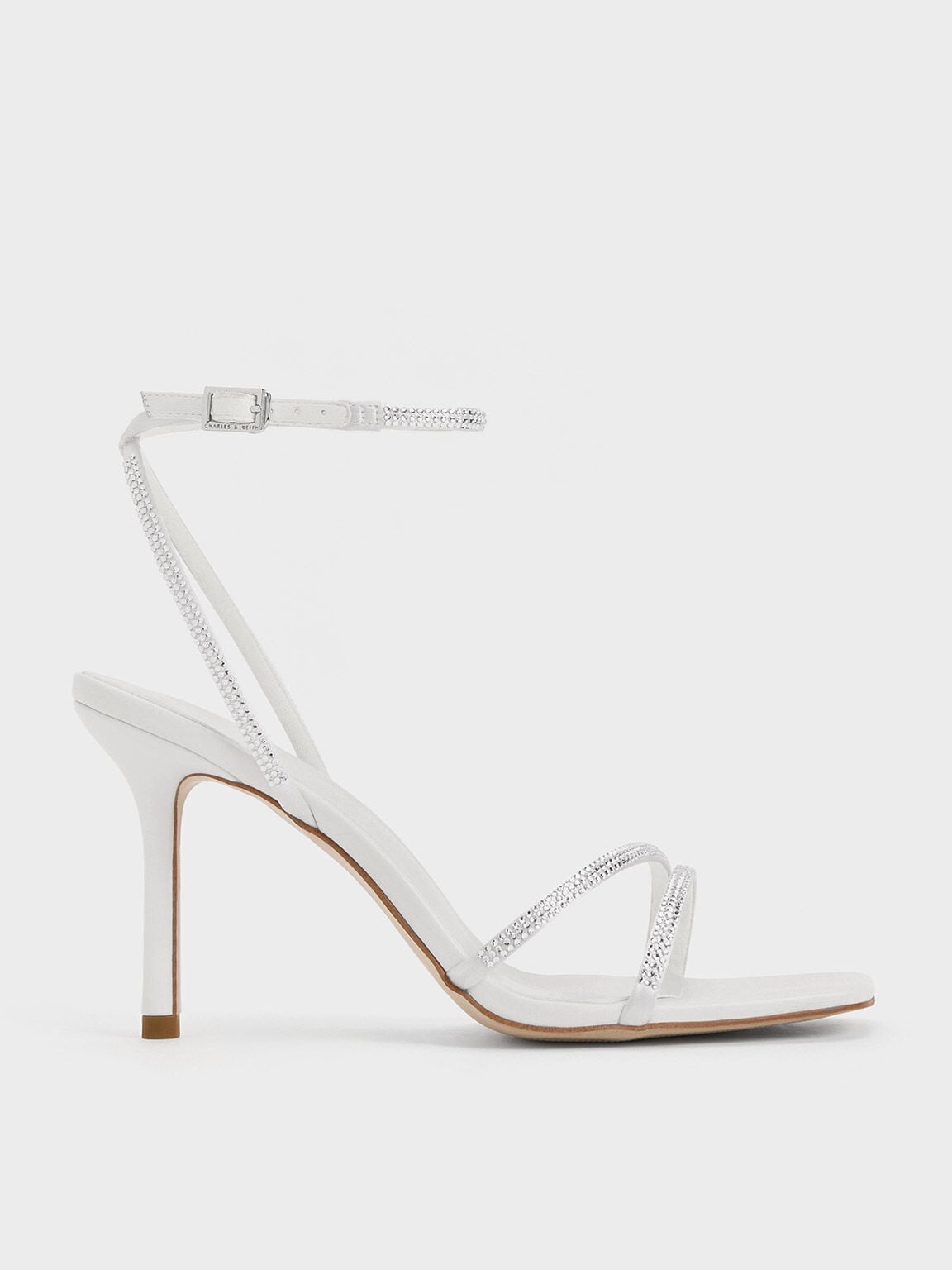 Satin Crystal Stiletto Sandals - White | CHARLES & KEITH