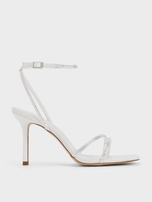 Satin Crystal Stiletto Sandals - White | CHARLES & KEITH