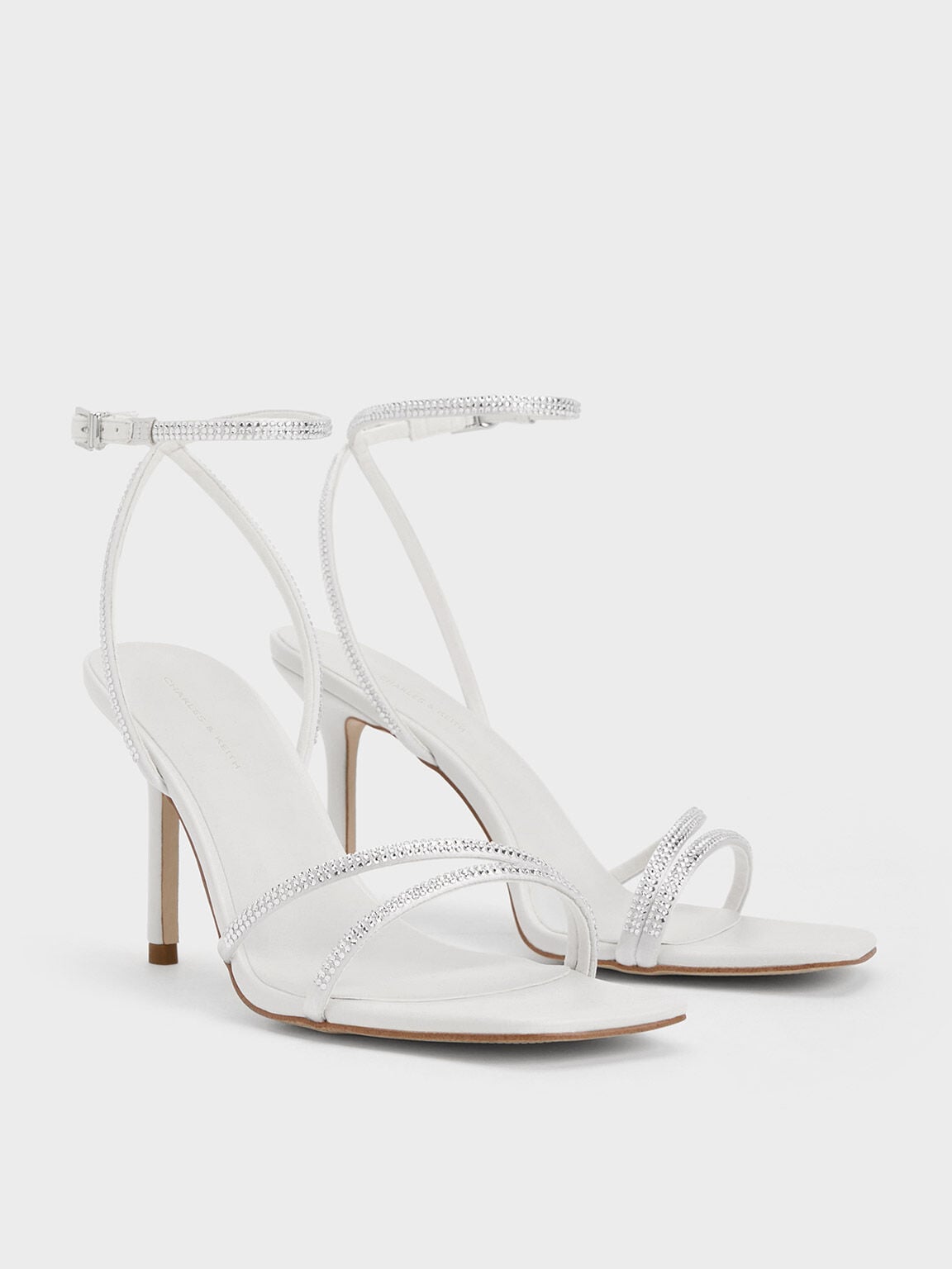 Satin Crystal Stiletto Sandals - White | CHARLES & KEITH