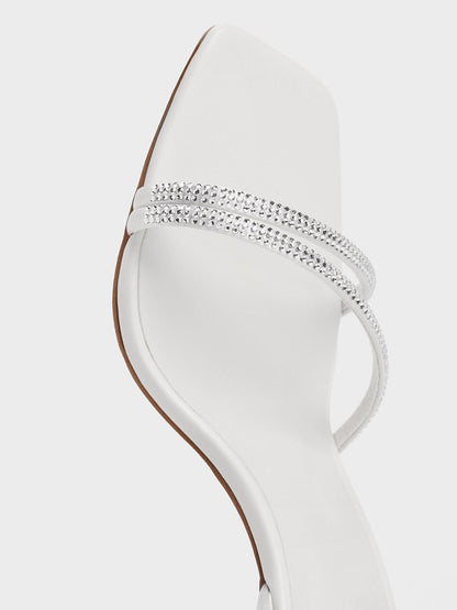 Satin Crystal Stiletto Sandals - White | CHARLES & KEITH