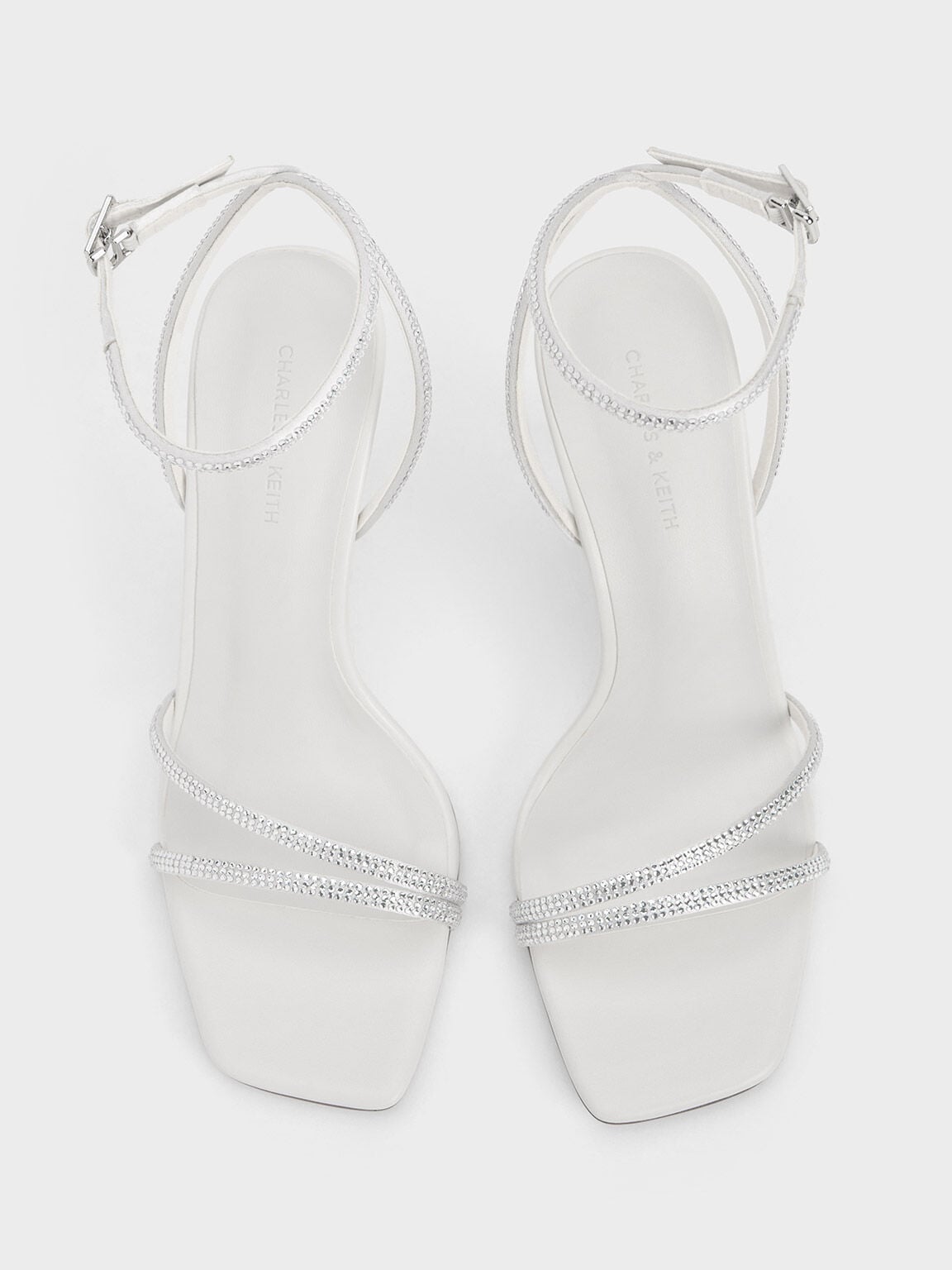 Satin Crystal Stiletto Sandals - White | CHARLES & KEITH