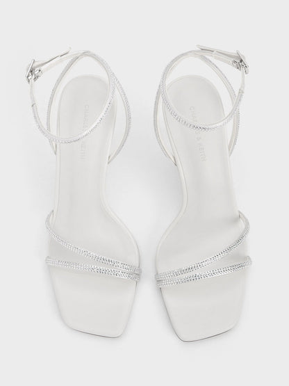 Satin Crystal Stiletto Sandals - White | CHARLES & KEITH