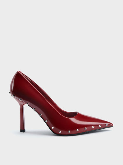 Coralie Studded Pointed Pumps - Red | CHARLES & KEITH