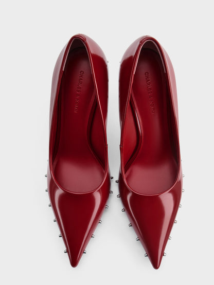Coralie Studded Pointed Pumps - Red | CHARLES & KEITH