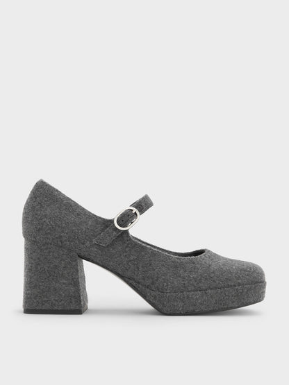 Felt Platform Mary Jane Pumps - Grey | CHARLES & KEITH