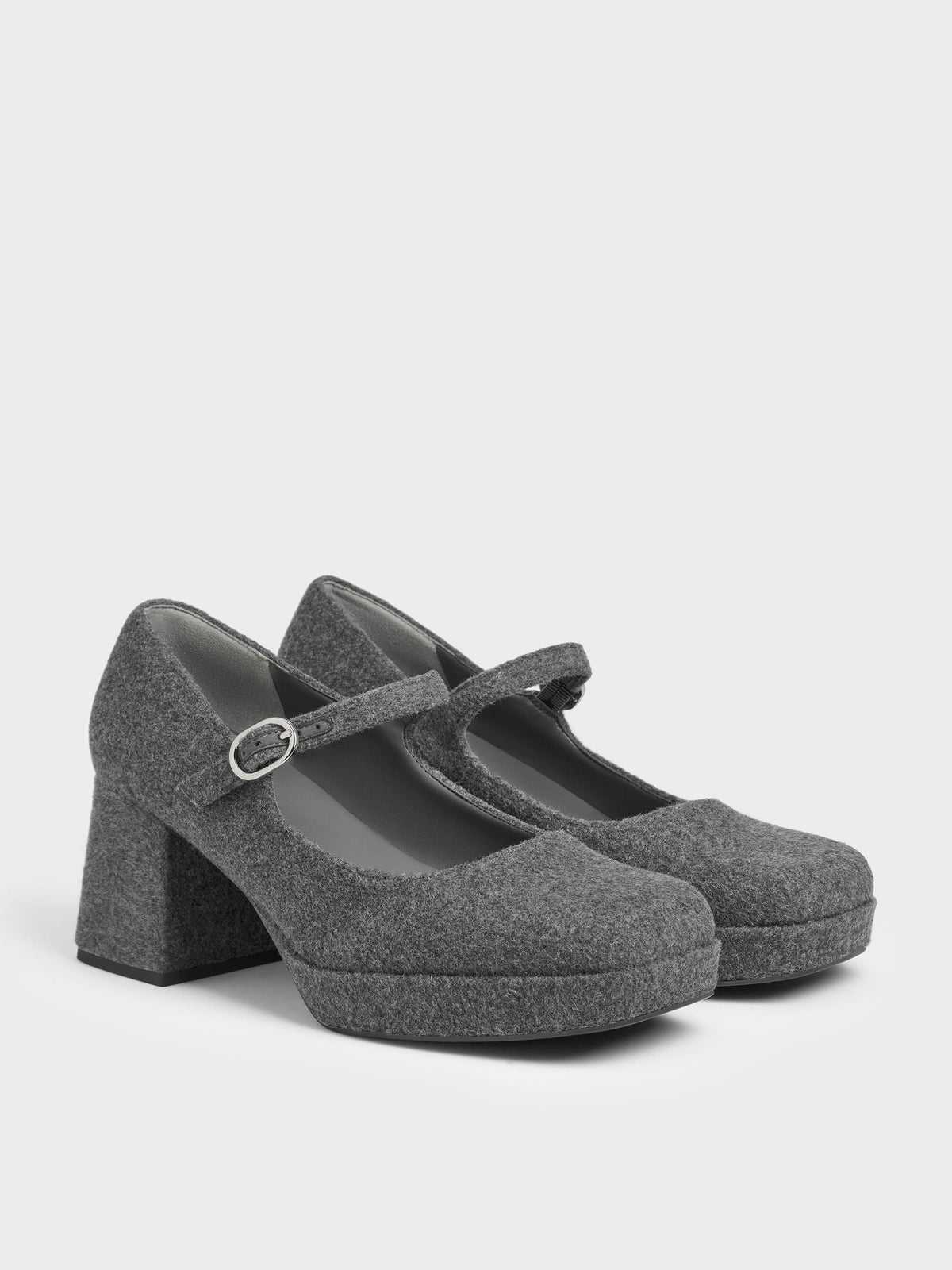 Felt Platform Mary Jane Pumps - Grey | CHARLES & KEITH