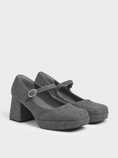 Felt Platform Mary Jane Pumps - Grey | CHARLES & KEITH