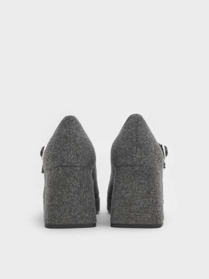 Felt Platform Mary Jane Pumps - Grey | CHARLES & KEITH