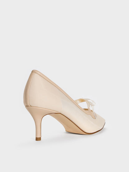 Venetia Mesh Bow Pointed Pumps - Nude | CHARLES & KEITH