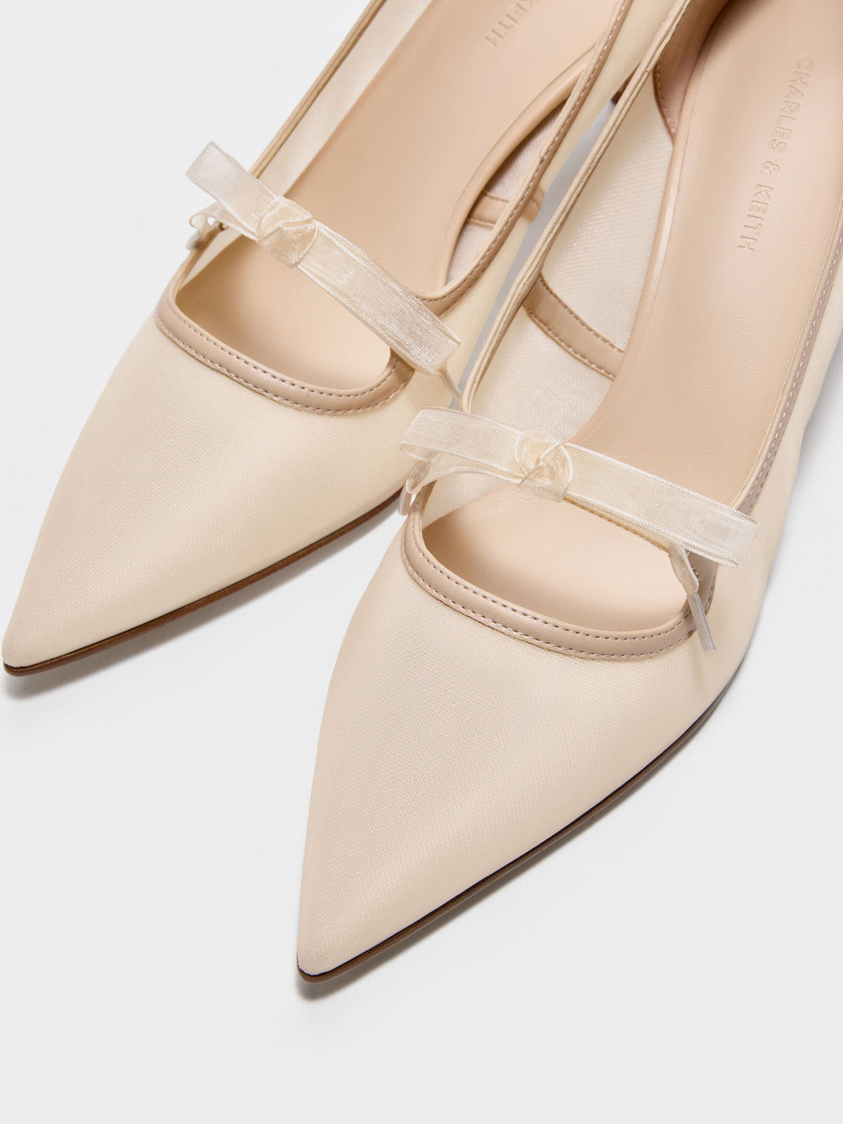 Venetia Mesh Bow Pointed Pumps - Nude | CHARLES & KEITH