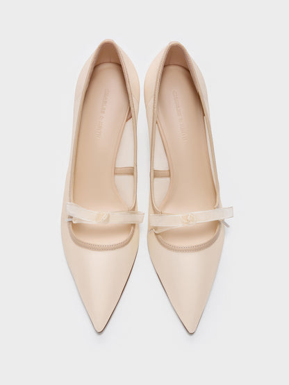 Venetia Mesh Bow Pointed Pumps - Nude | CHARLES & KEITH