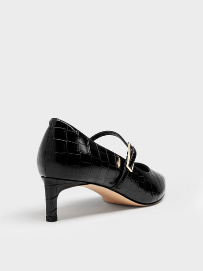 Luciana Croc-Effect Mary Jane Pumps - Animal Print Black | CHARLES & KEITH