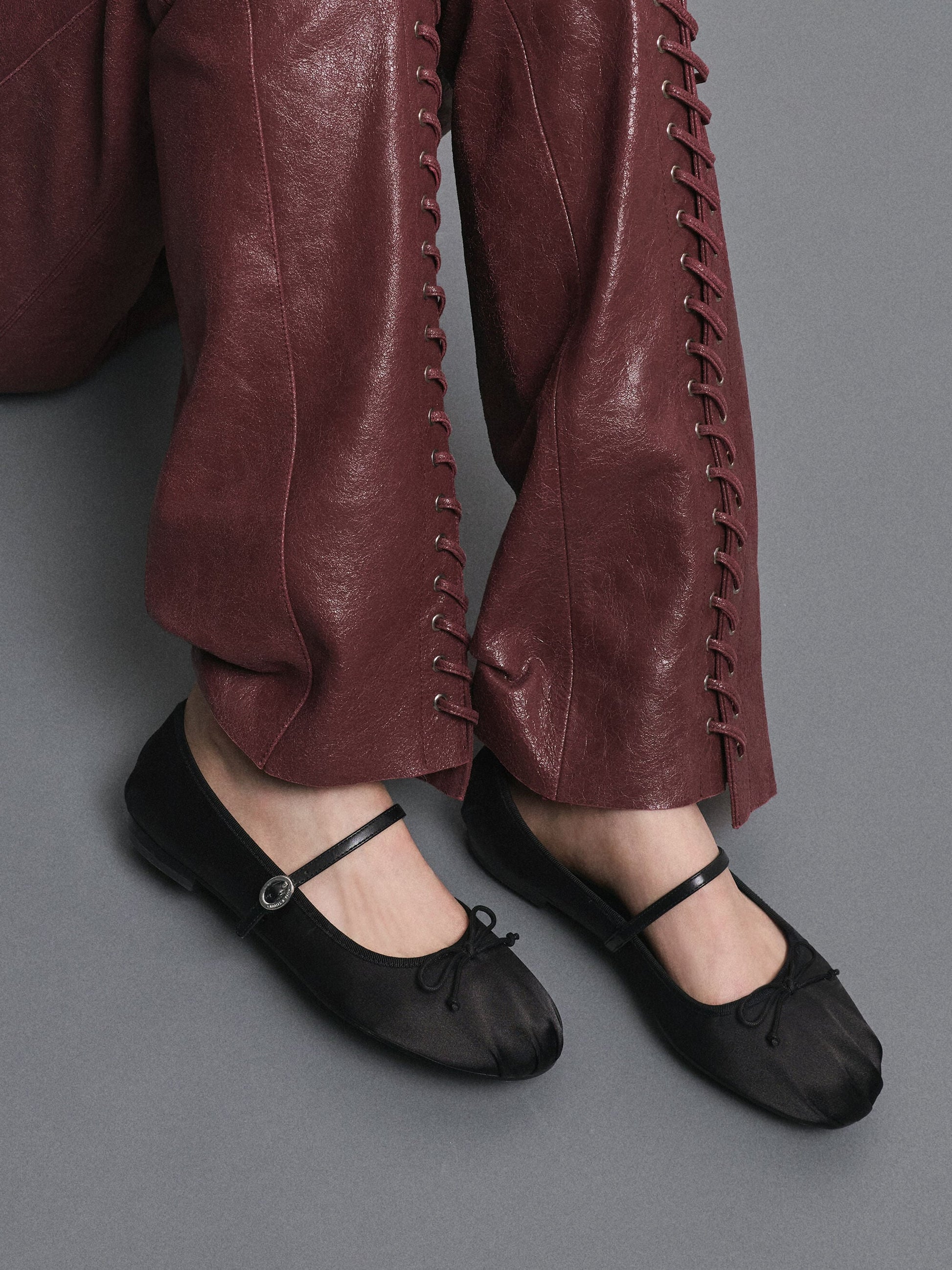 Emiko Satin Bow Mary Jane Flats - Black | CHARLES & KEITH