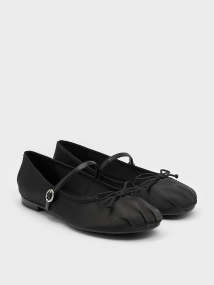 Emiko Satin Bow Mary Jane Flats - Black | CHARLES & KEITH