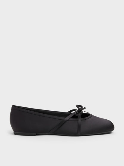 Satin Bow Ballet Flats - Black Textured | CHARLES & KEITH