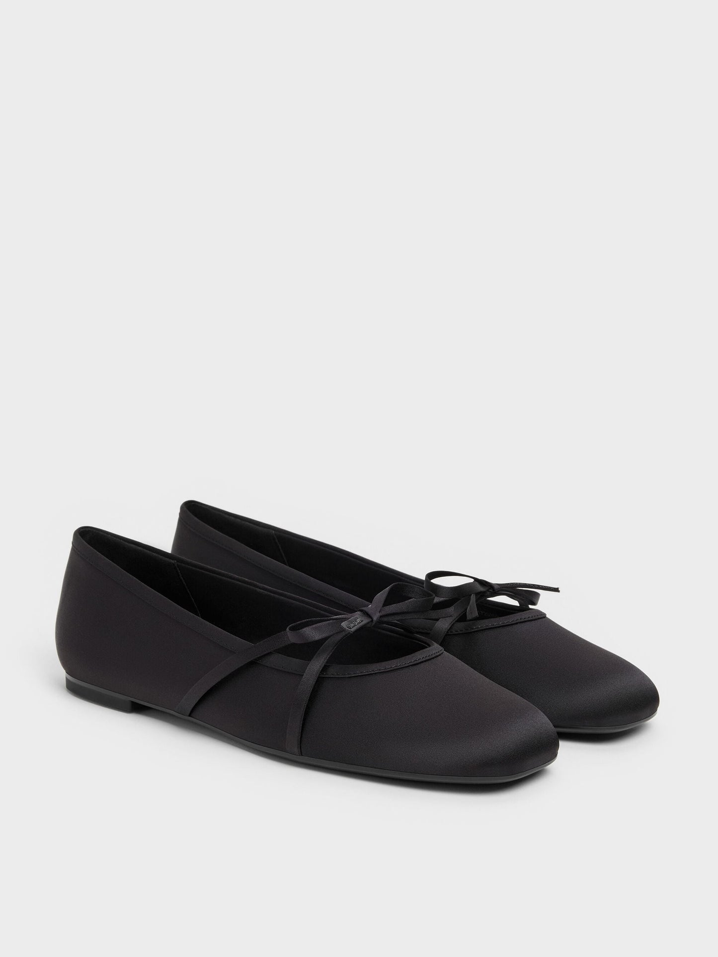 Satin Bow Ballet Flats - Black Textured | CHARLES & KEITH