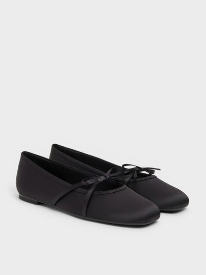 Satin Bow Ballet Flats - Black Textured | CHARLES & KEITH