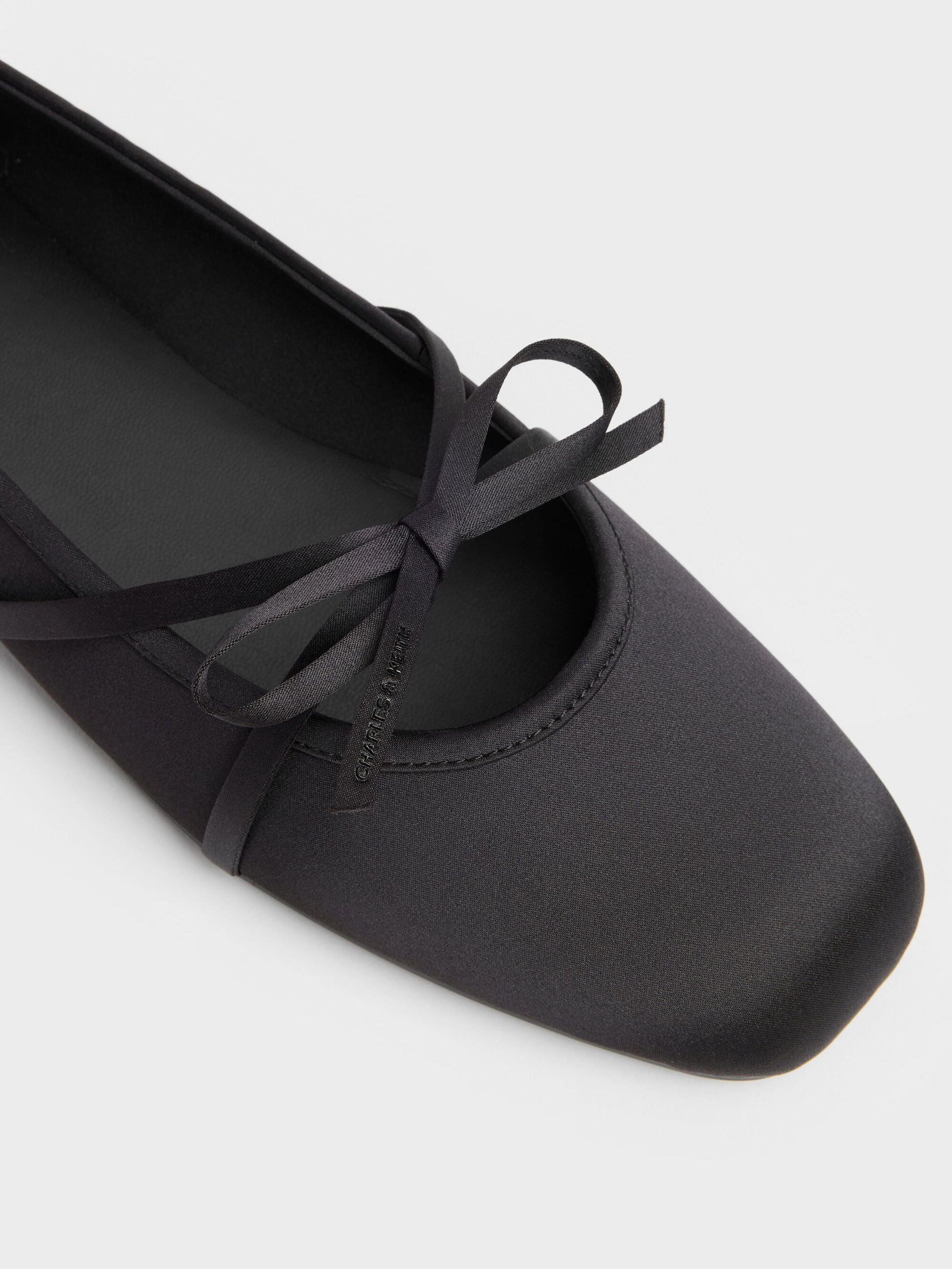 Satin Bow Ballet Flats - Black Textured | CHARLES & KEITH