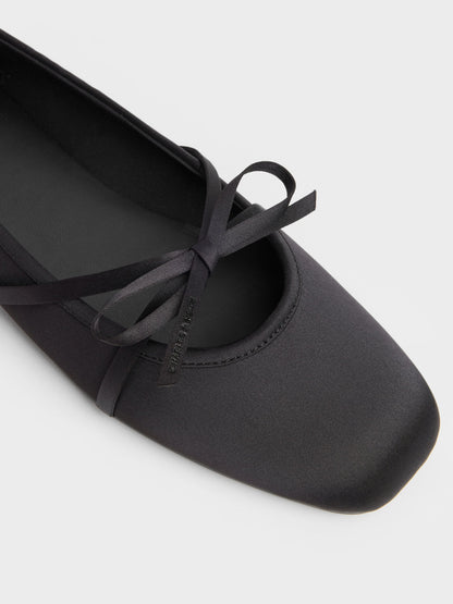 Satin Bow Ballet Flats - Black Textured | CHARLES & KEITH