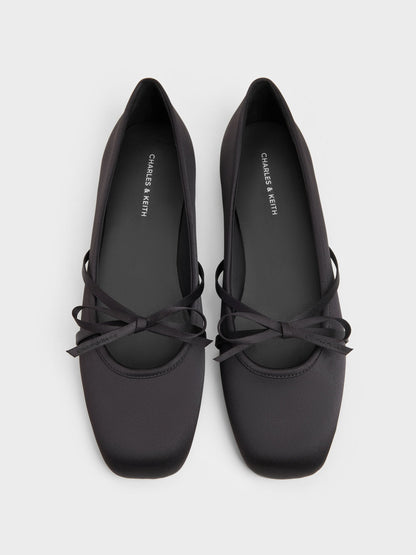 Satin Bow Ballet Flats - Black Textured | CHARLES & KEITH