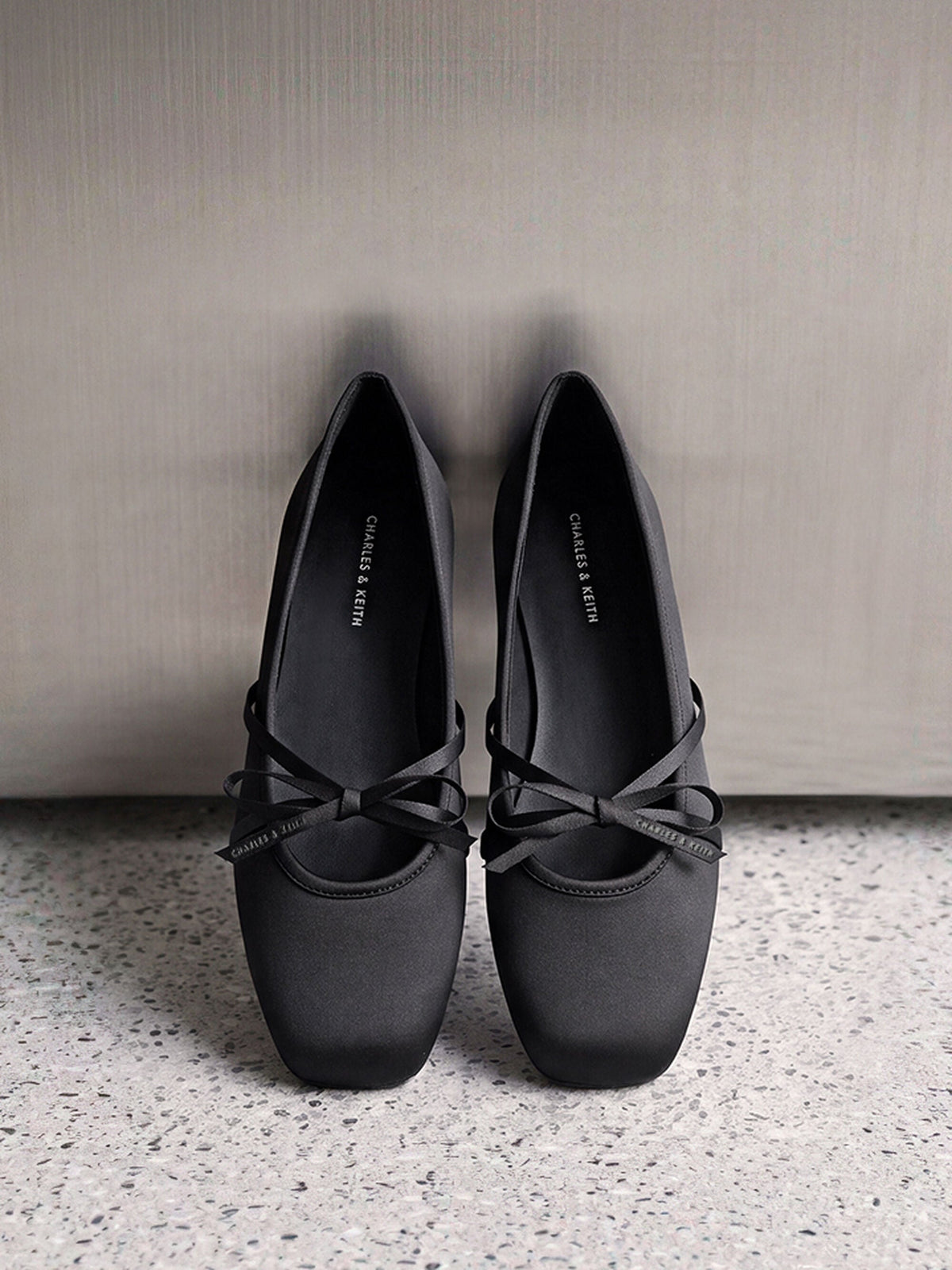 Satin Bow Ballet Flats - Black Textured | CHARLES & KEITH