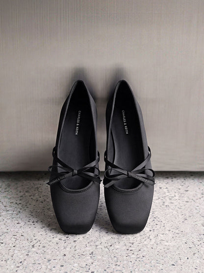 Satin Bow Ballet Flats - Black Textured | CHARLES & KEITH