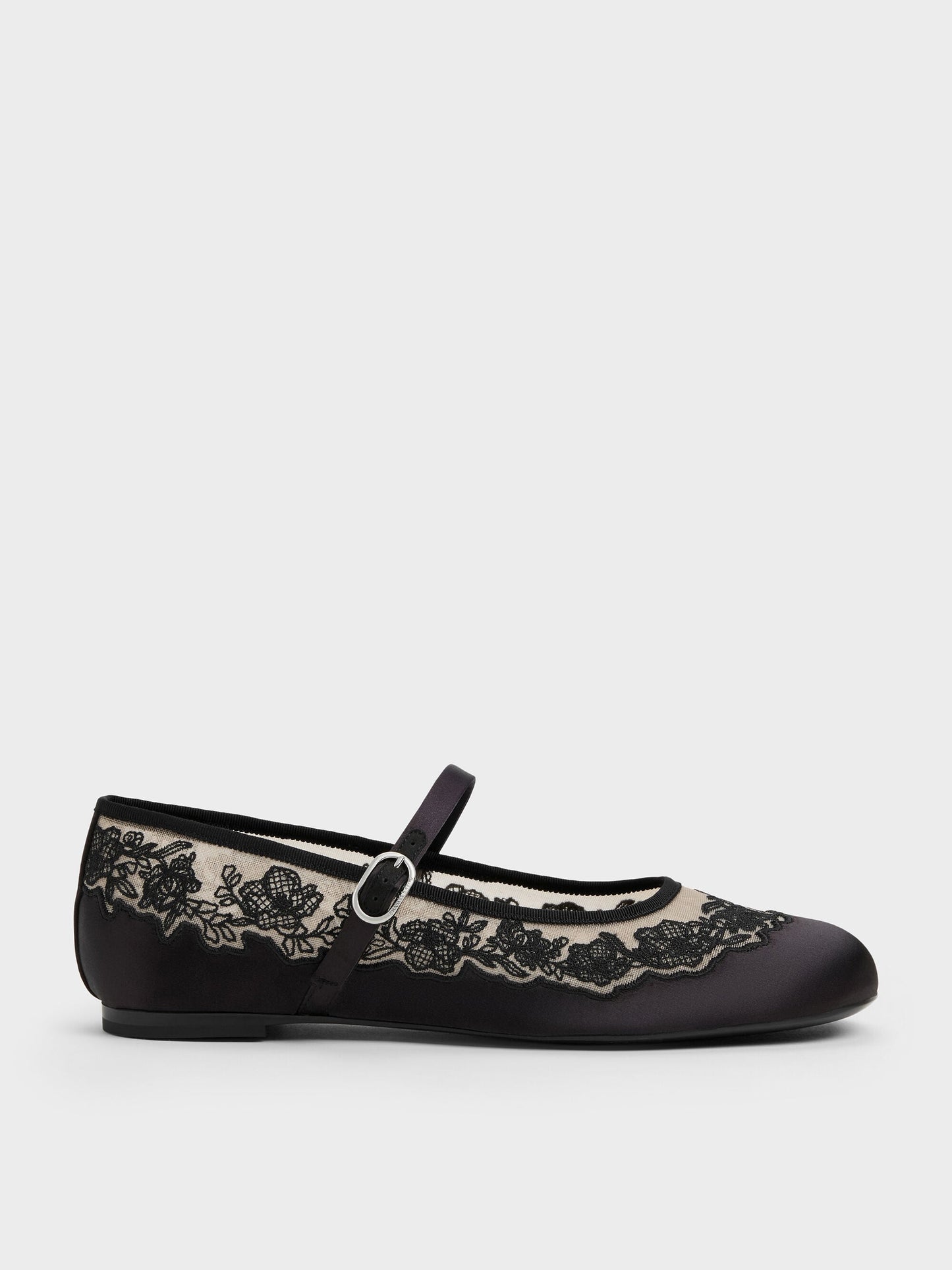 Satin Embroidered-Mesh Mary Jane Flats - Black Textured | CHARLES & KEITH