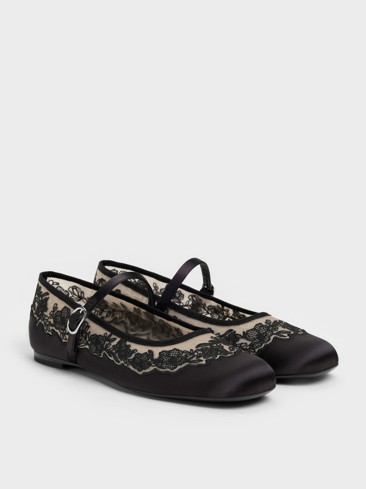 Satin Embroidered-Mesh Mary Jane Flats - Black Textured | CHARLES & KEITH