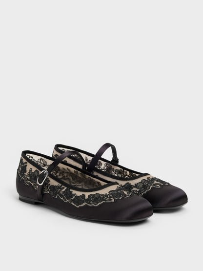 Satin Embroidered-Mesh Mary Jane Flats - Black Textured | CHARLES & KEITH