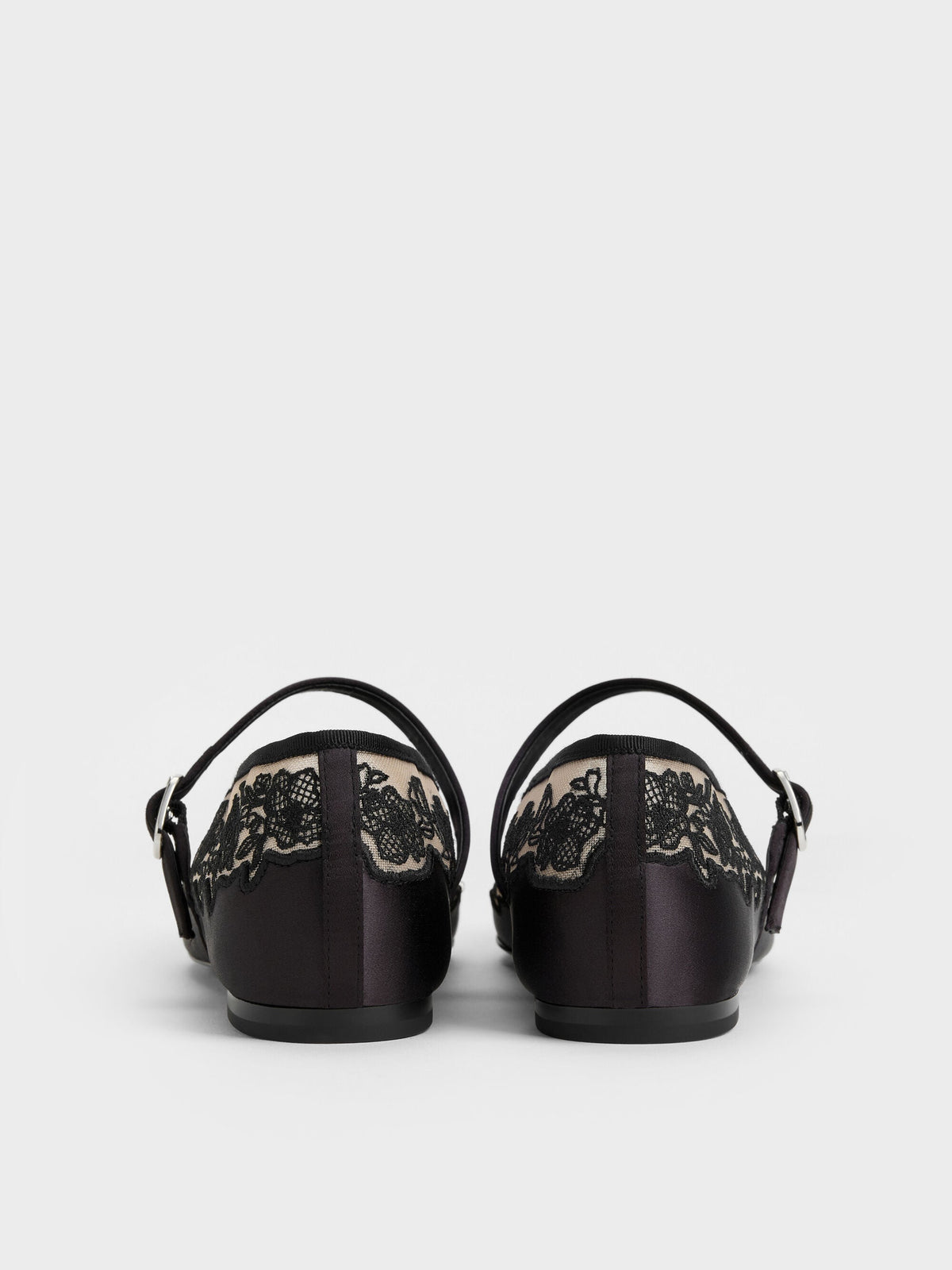 Satin Embroidered-Mesh Mary Jane Flats - Black Textured | CHARLES & KEITH