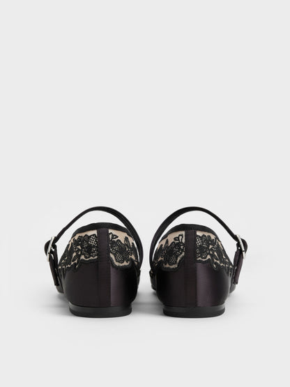 Satin Embroidered-Mesh Mary Jane Flats - Black Textured | CHARLES & KEITH