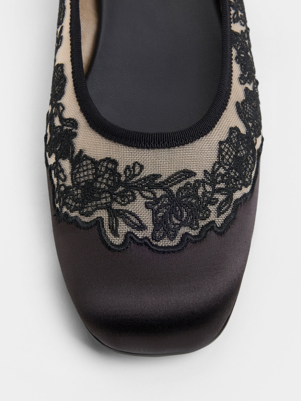 Satin Embroidered-Mesh Mary Jane Flats - Black Textured | CHARLES & KEITH