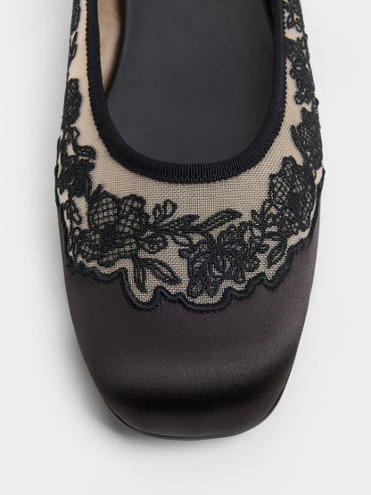 Satin Embroidered-Mesh Mary Jane Flats - Black Textured | CHARLES & KEITH