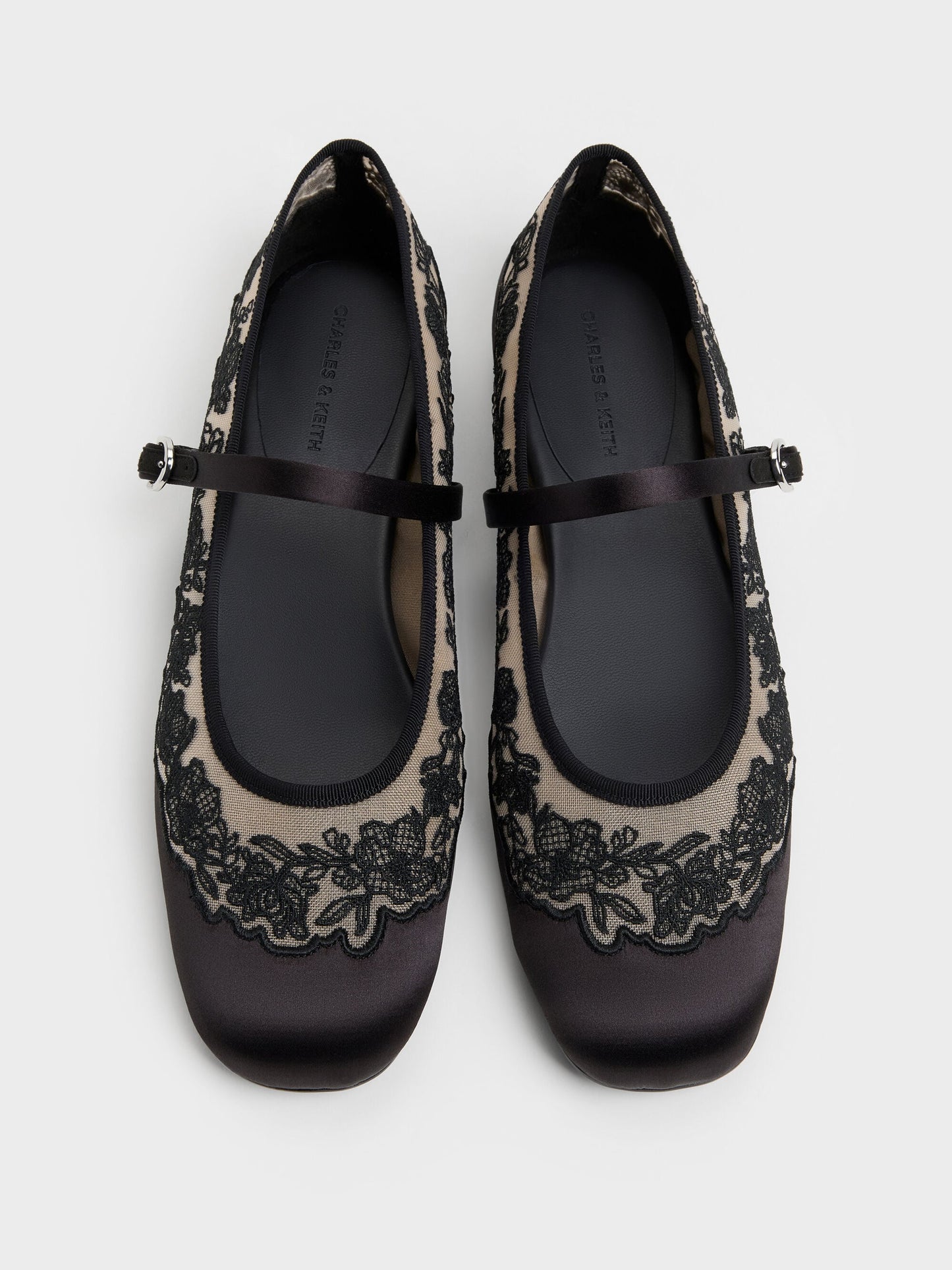 Satin Embroidered-Mesh Mary Jane Flats - Black Textured | CHARLES & KEITH