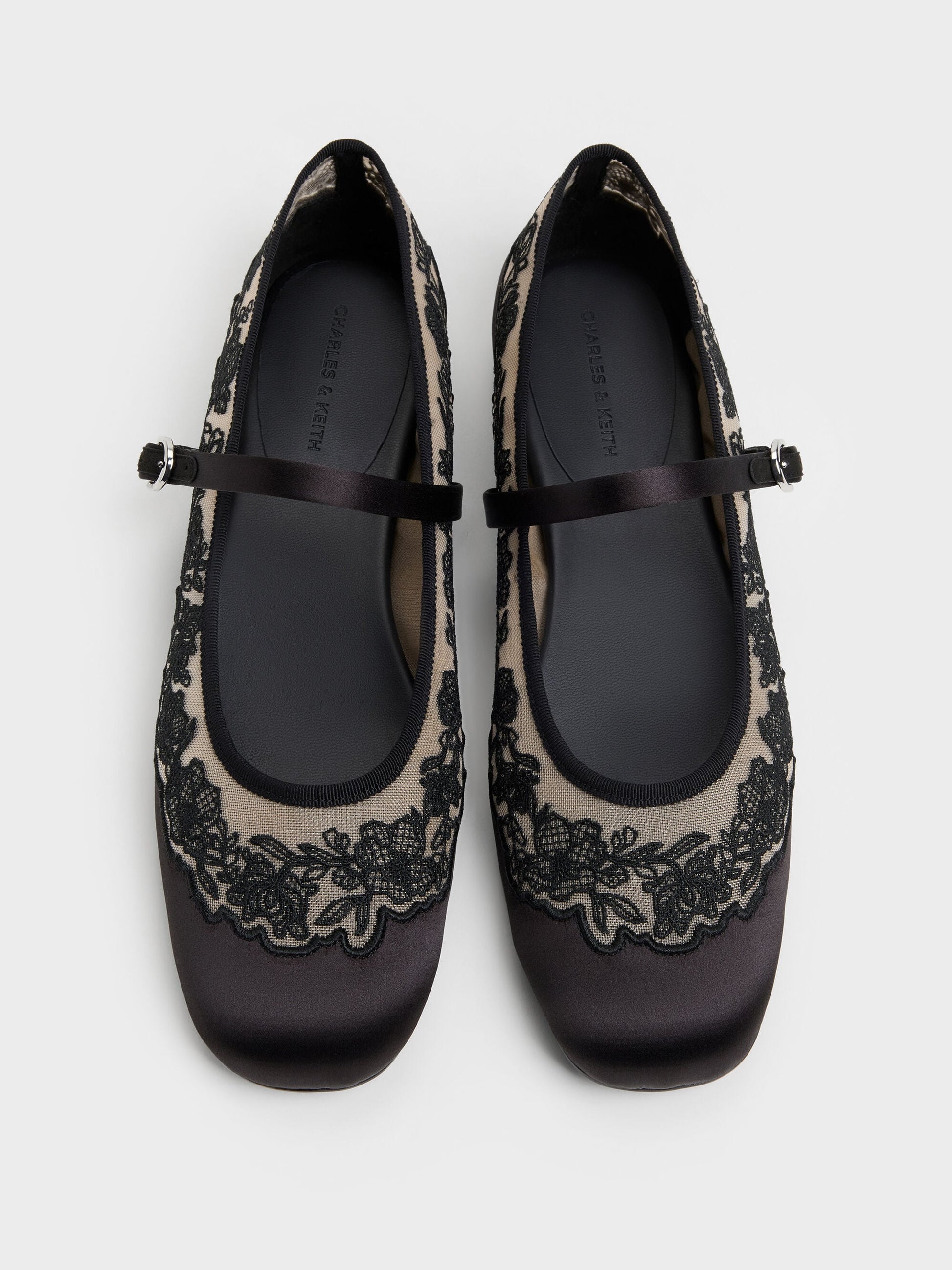 Satin Embroidered-Mesh Mary Jane Flats - Black Textured | CHARLES & KEITH