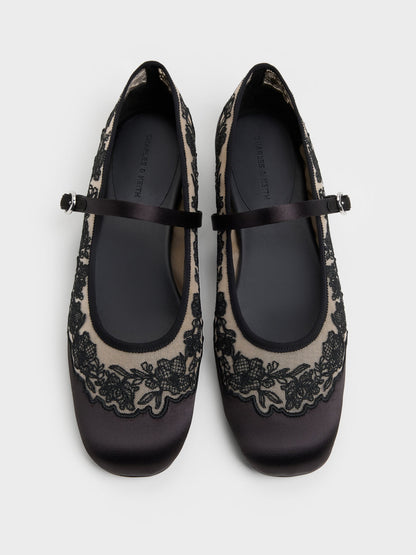 Satin Embroidered-Mesh Mary Jane Flats - Black Textured | CHARLES & KEITH