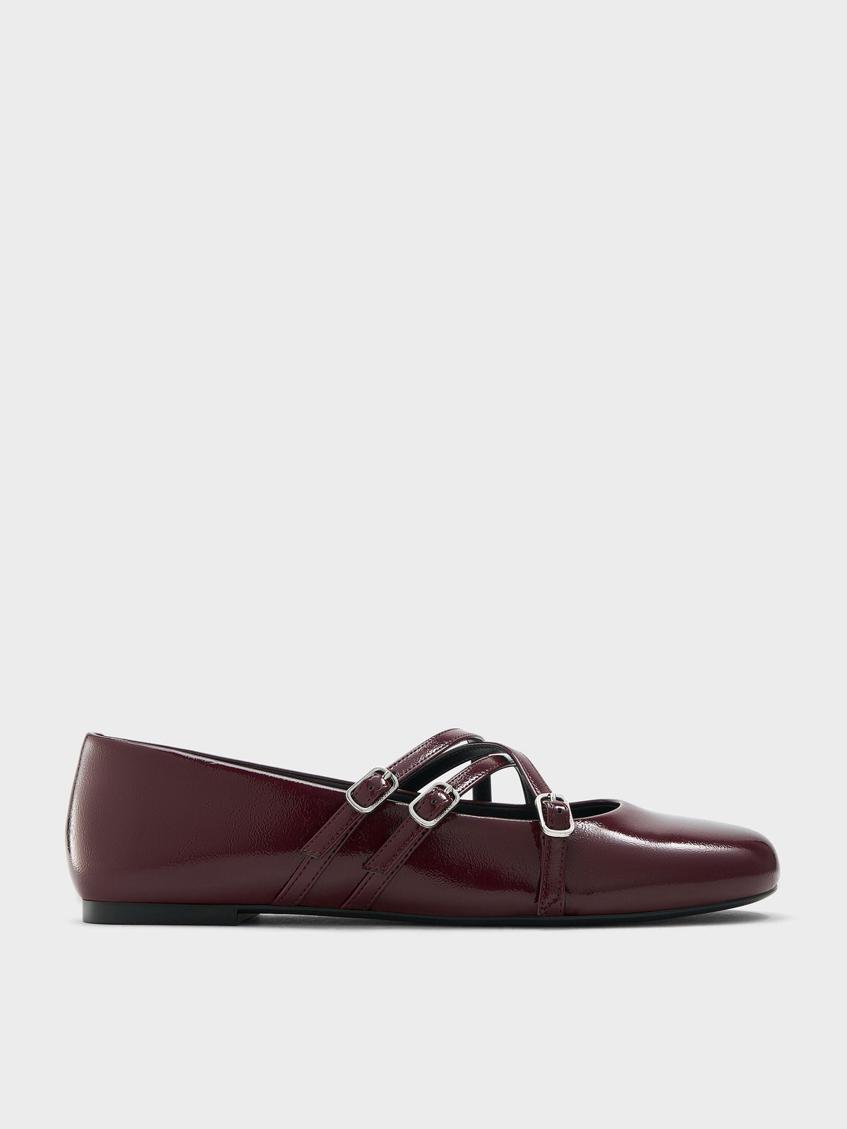 Patent Triple-Strap Mary Jane Flats - Burgundy | CHARLES & KEITH