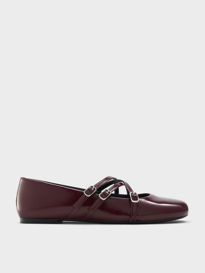 Patent Triple-Strap Mary Jane Flats - Burgundy | CHARLES & KEITH