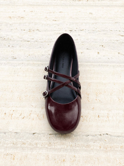 Patent Triple-Strap Mary Jane Flats - Burgundy | CHARLES & KEITH