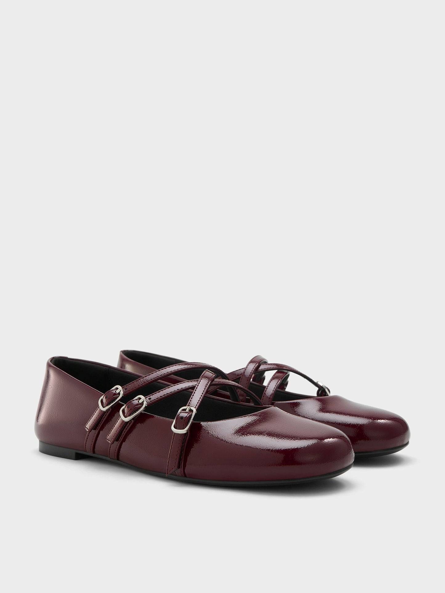 Patent Triple-Strap Mary Jane Flats - Burgundy | CHARLES & KEITH