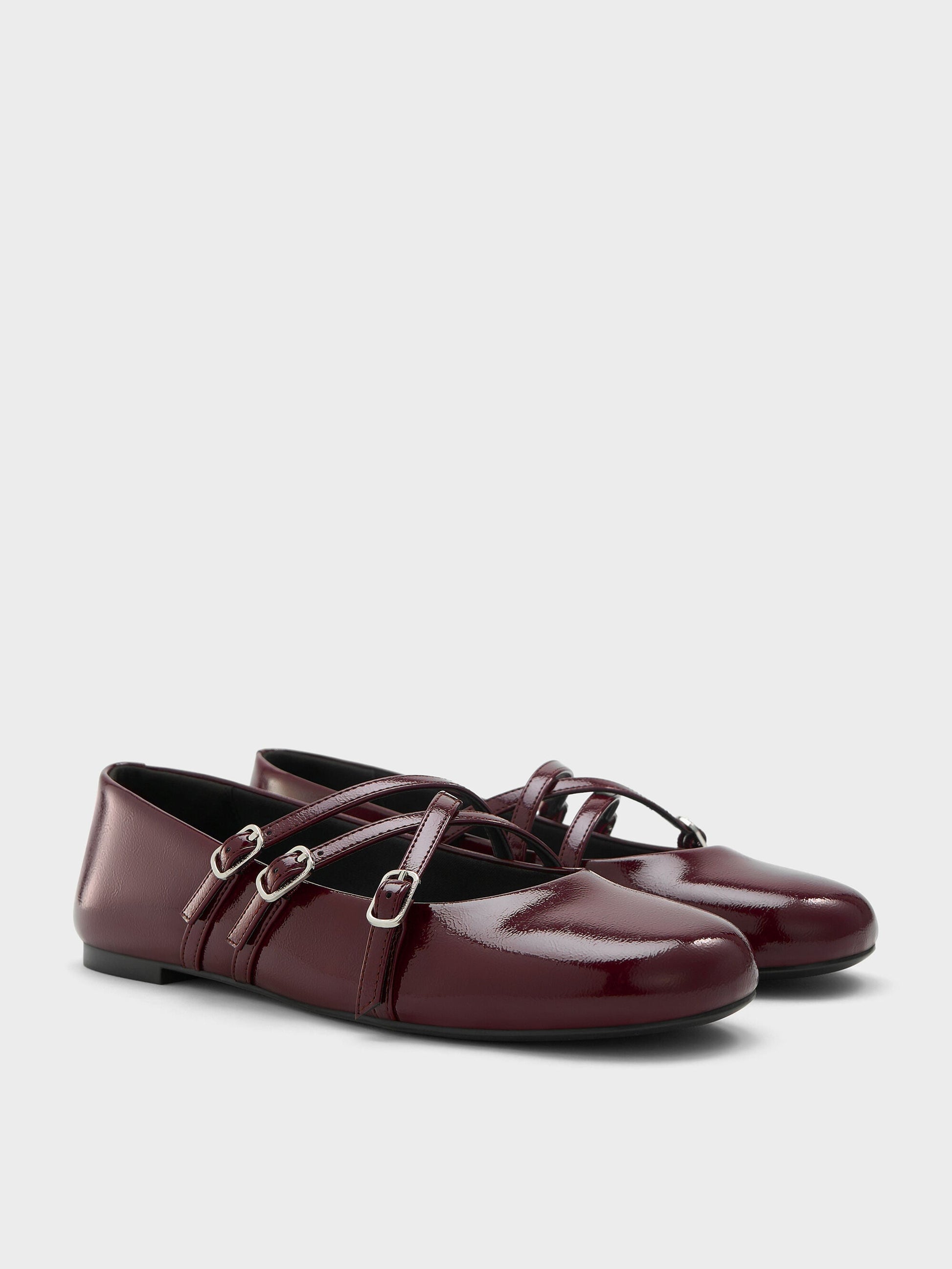 Patent Triple-Strap Mary Jane Flats - Burgundy | CHARLES & KEITH