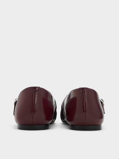 Patent Triple-Strap Mary Jane Flats - Burgundy | CHARLES & KEITH