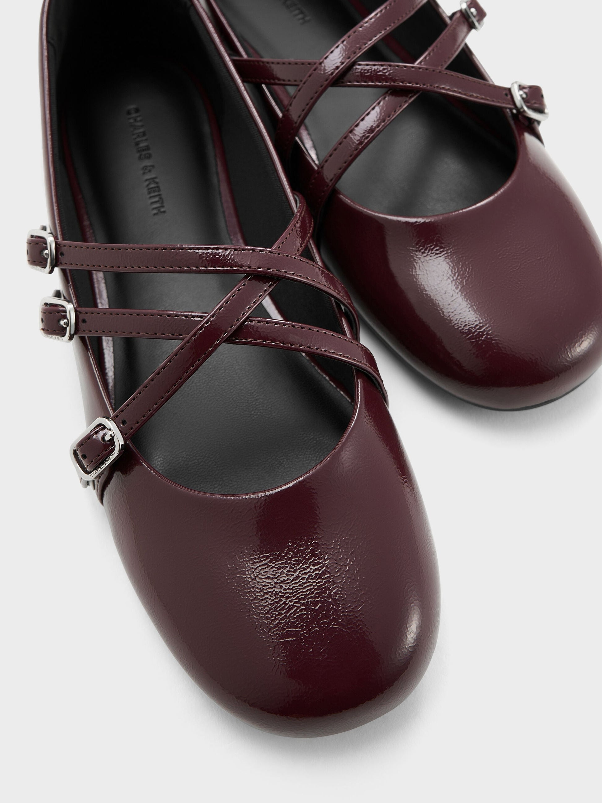 Patent Triple-Strap Mary Jane Flats - Burgundy | CHARLES & KEITH