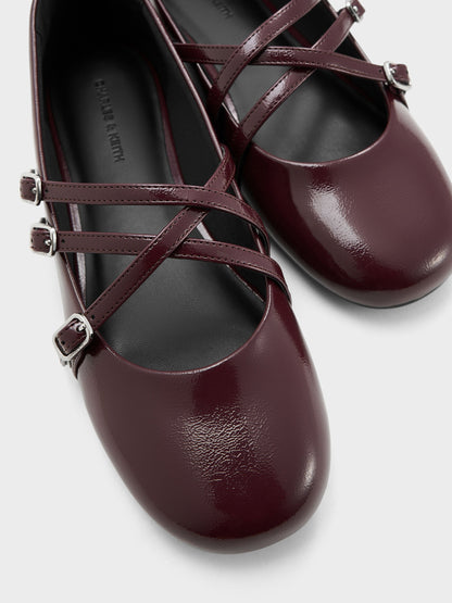 Patent Triple-Strap Mary Jane Flats - Burgundy | CHARLES & KEITH