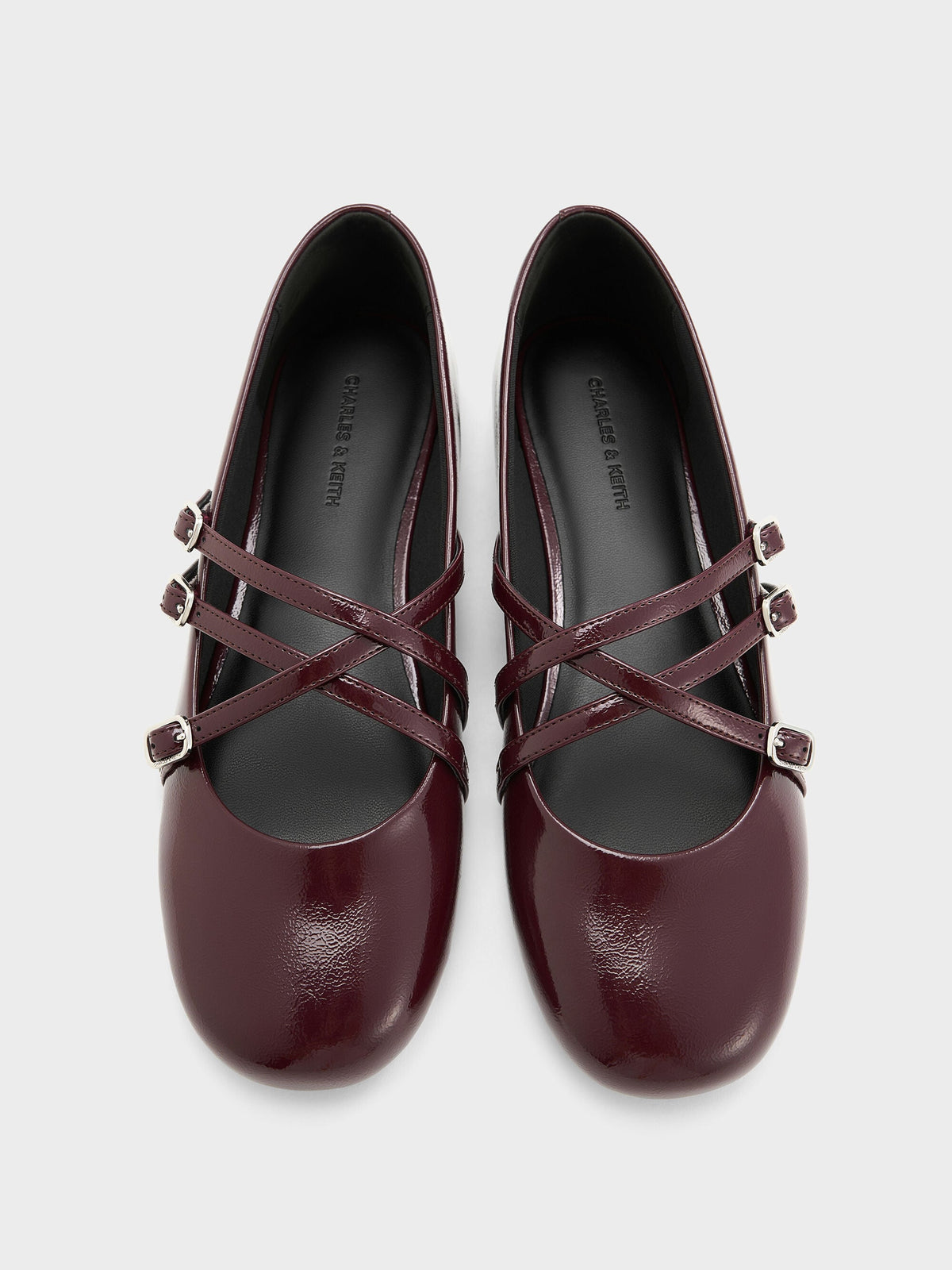 Patent Triple-Strap Mary Jane Flats - Burgundy | CHARLES & KEITH