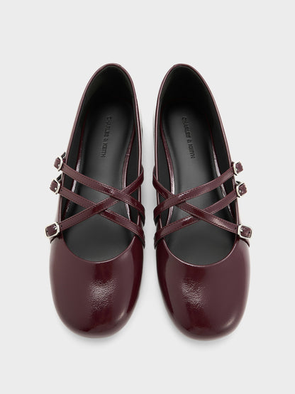 Patent Triple-Strap Mary Jane Flats - Burgundy | CHARLES & KEITH