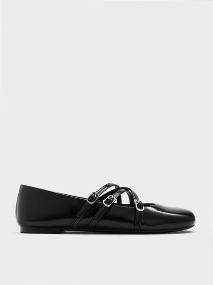 Patent Triple-Strap Mary Jane Flats - Black Patent | CHARLES & KEITH