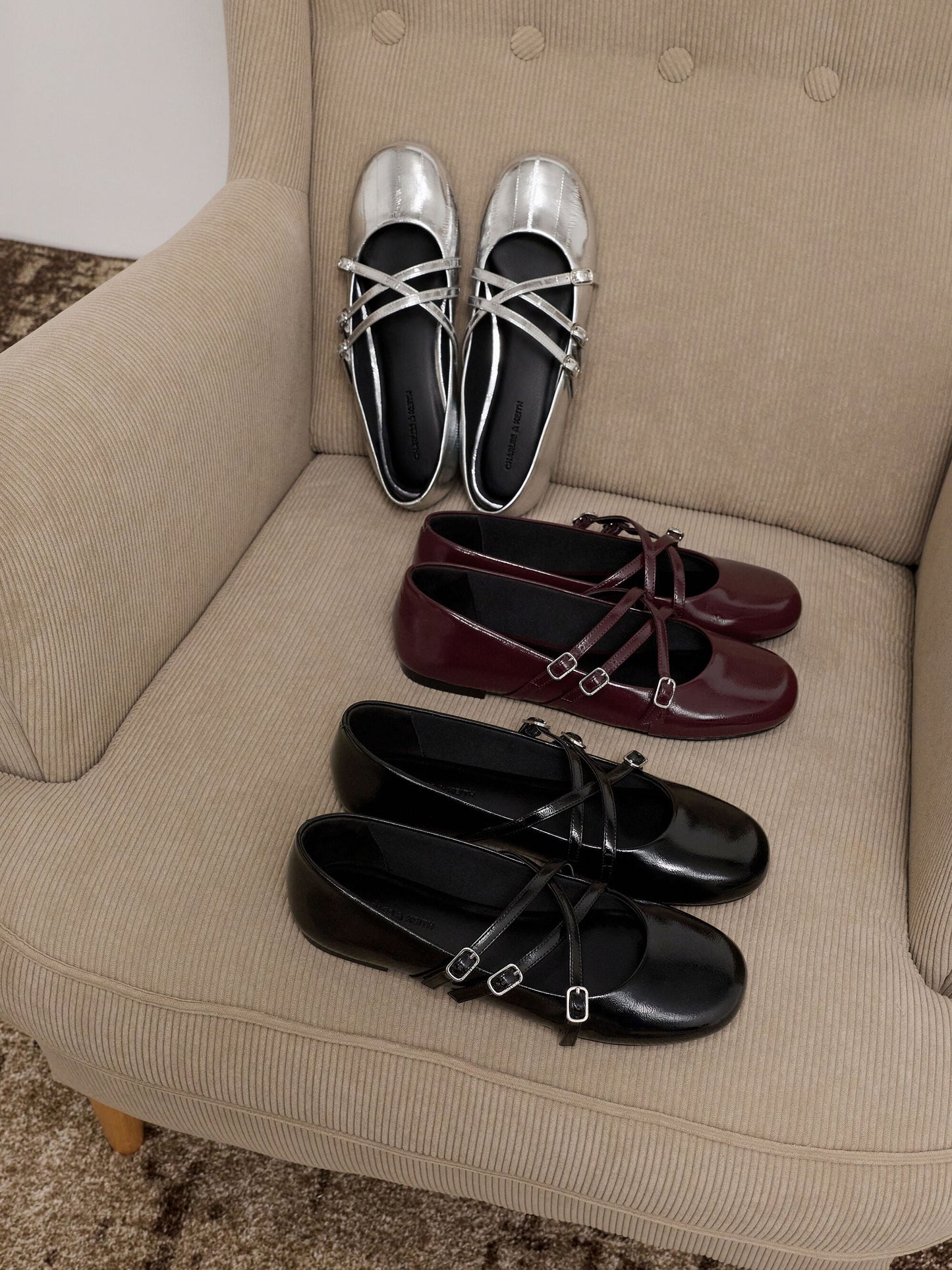 Patent Triple-Strap Mary Jane Flats - Black Patent | CHARLES & KEITH